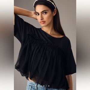 Anthropologie Maeve Tulle Bubble-Hem Tee Black L
